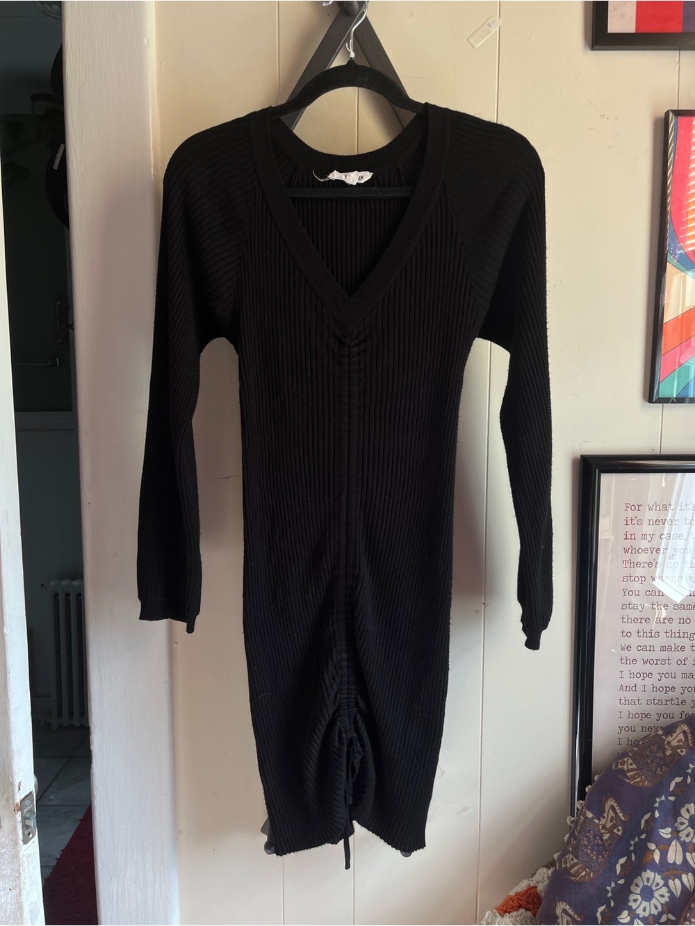 Black Ribbed V-Neck Drawstring Midi Dress